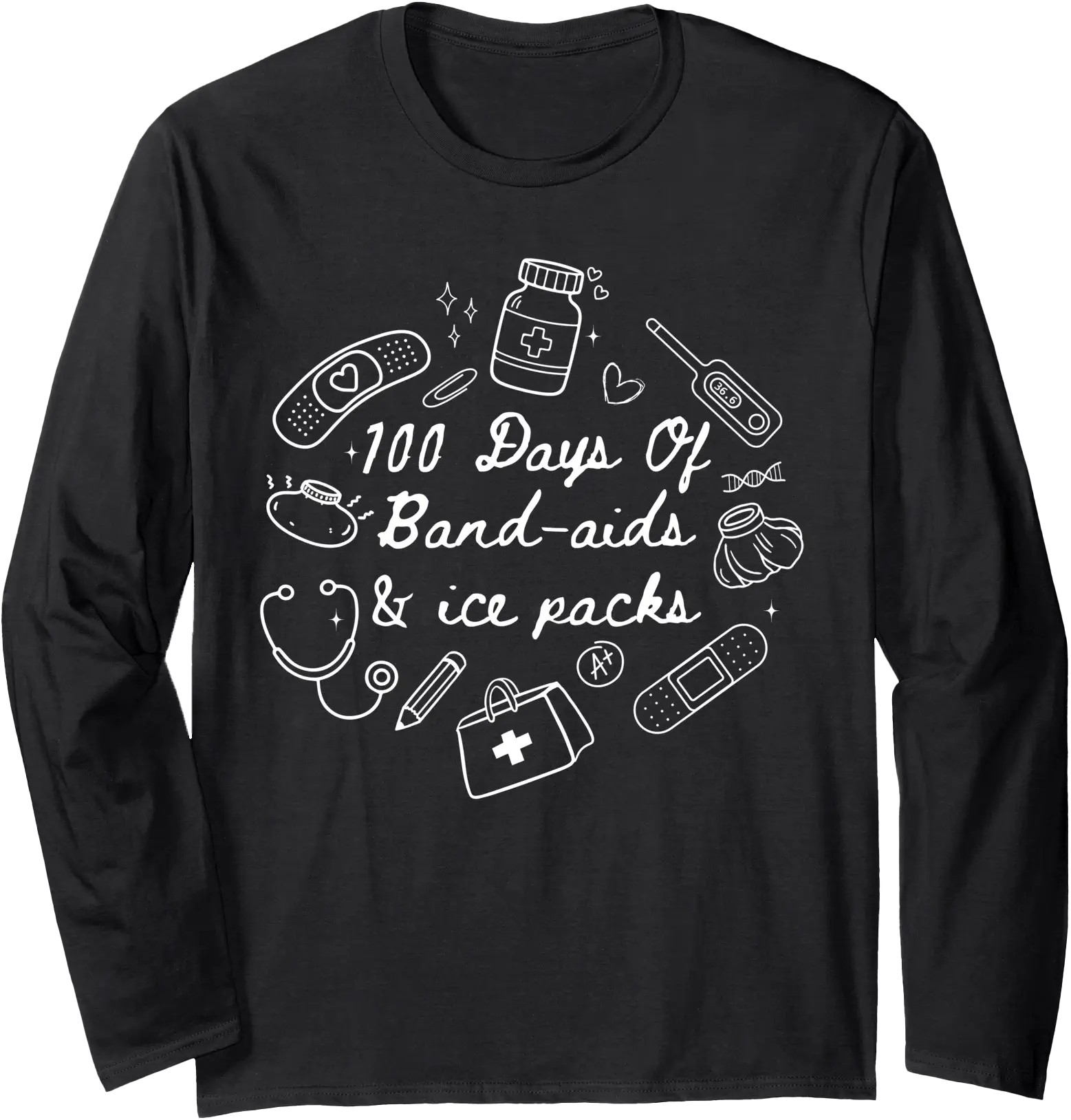 Playful Medical Doodle Long Sleeve T-Shirt for 100 Days of School Celebration