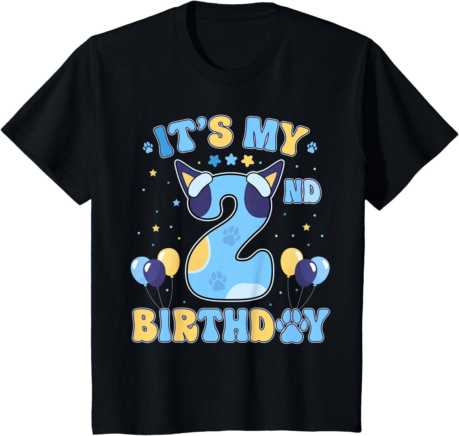 It's My 2nd Birthday Blue Dog Theme T-Shirt with Fun '2' Design, Balloons, and Stars Celebration