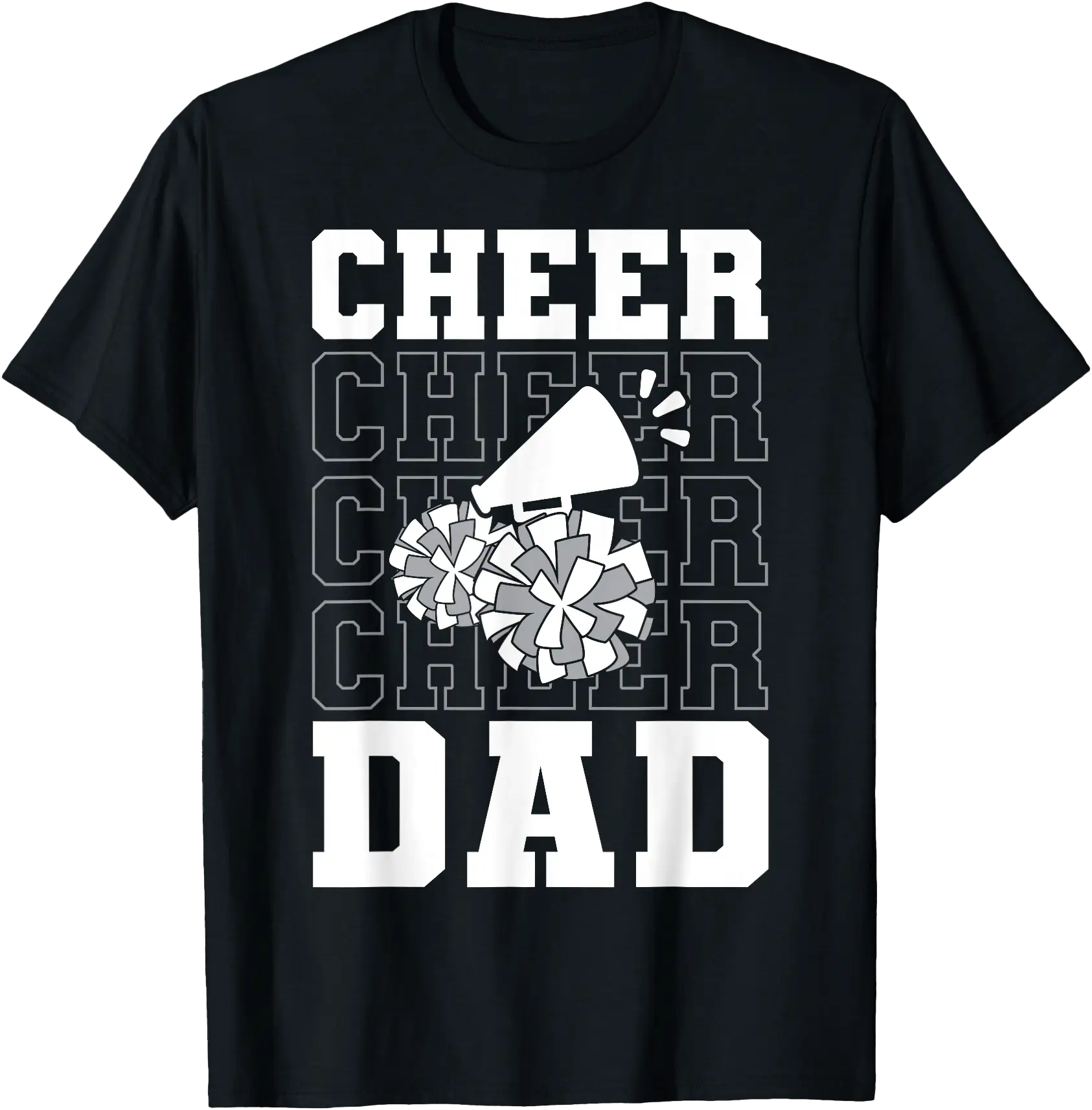 Supportive Black & White Megaphone Pom-Pom Cheer Dad T-Shirt Perfect for Game Day & Fan Events