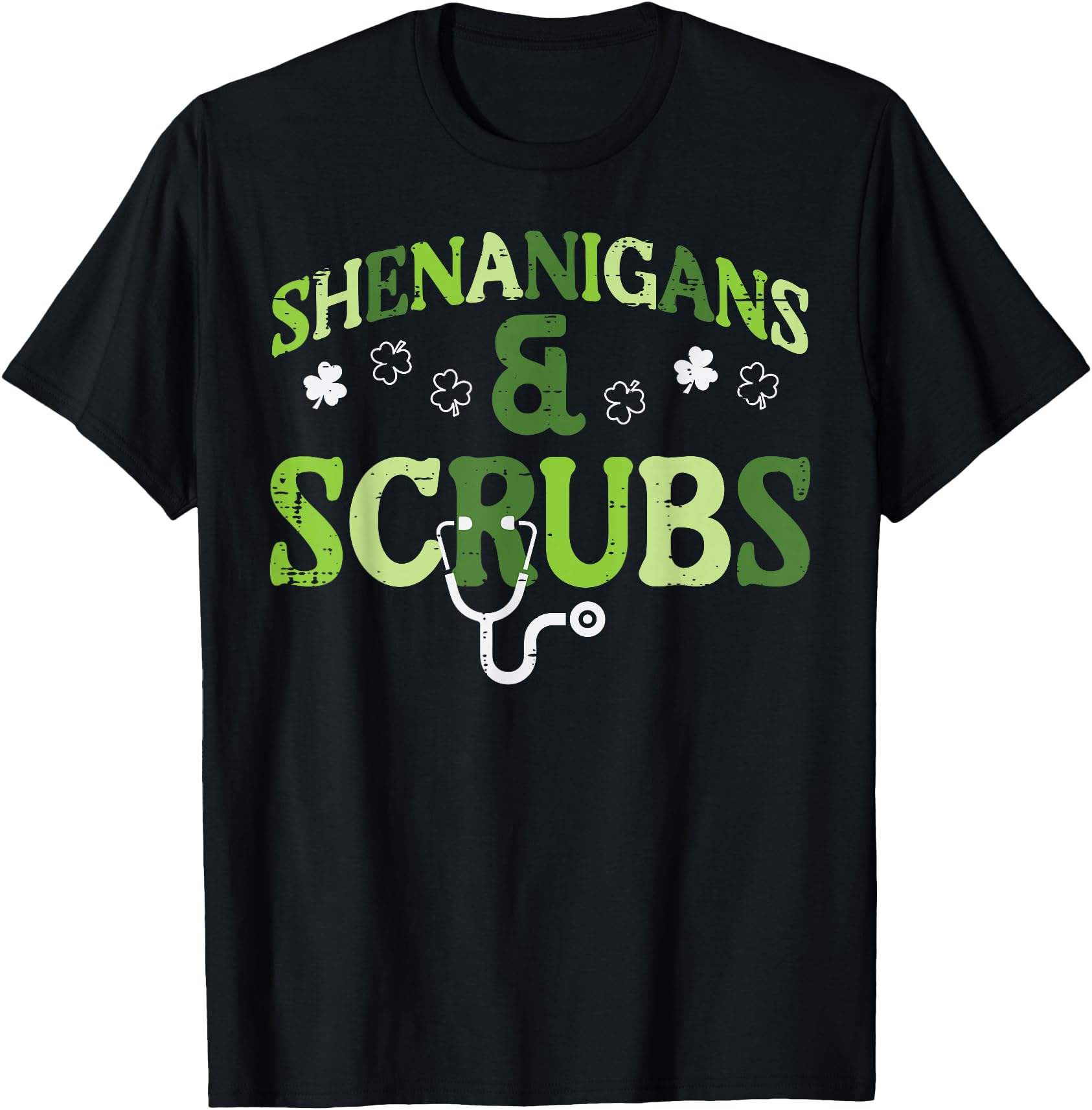 St. Patrick's Day Shenanigans Graphic T-Shirt with Shamrocks and Stethoscope Design