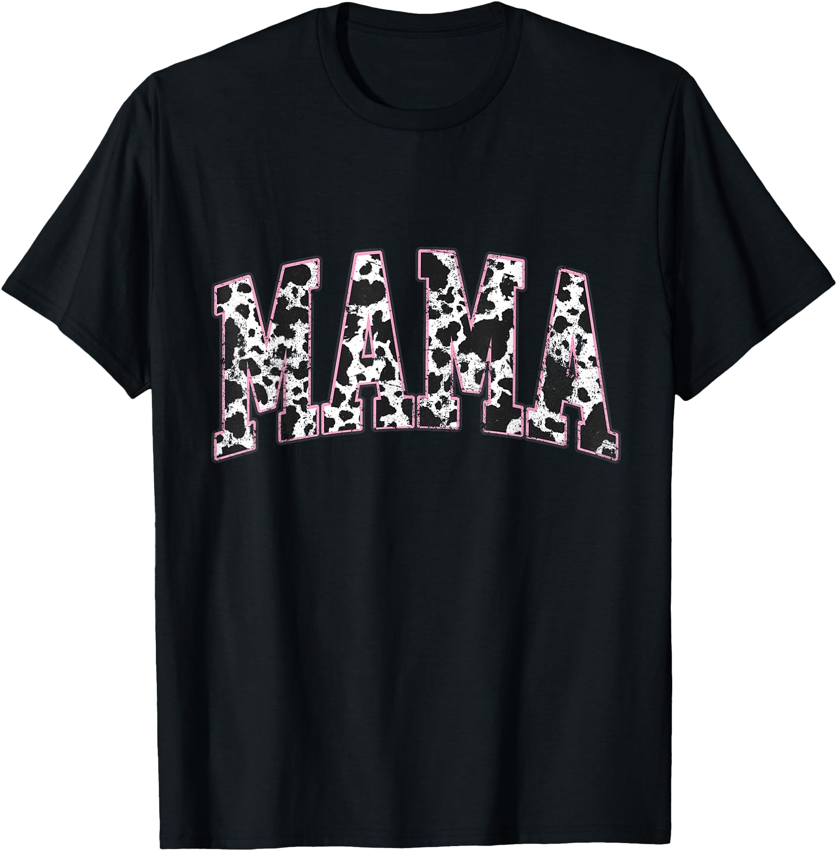 Cute Distressed Pink Cow Print Mama Western Retro Varsity Graphic T-Shirt for Everyday Wear