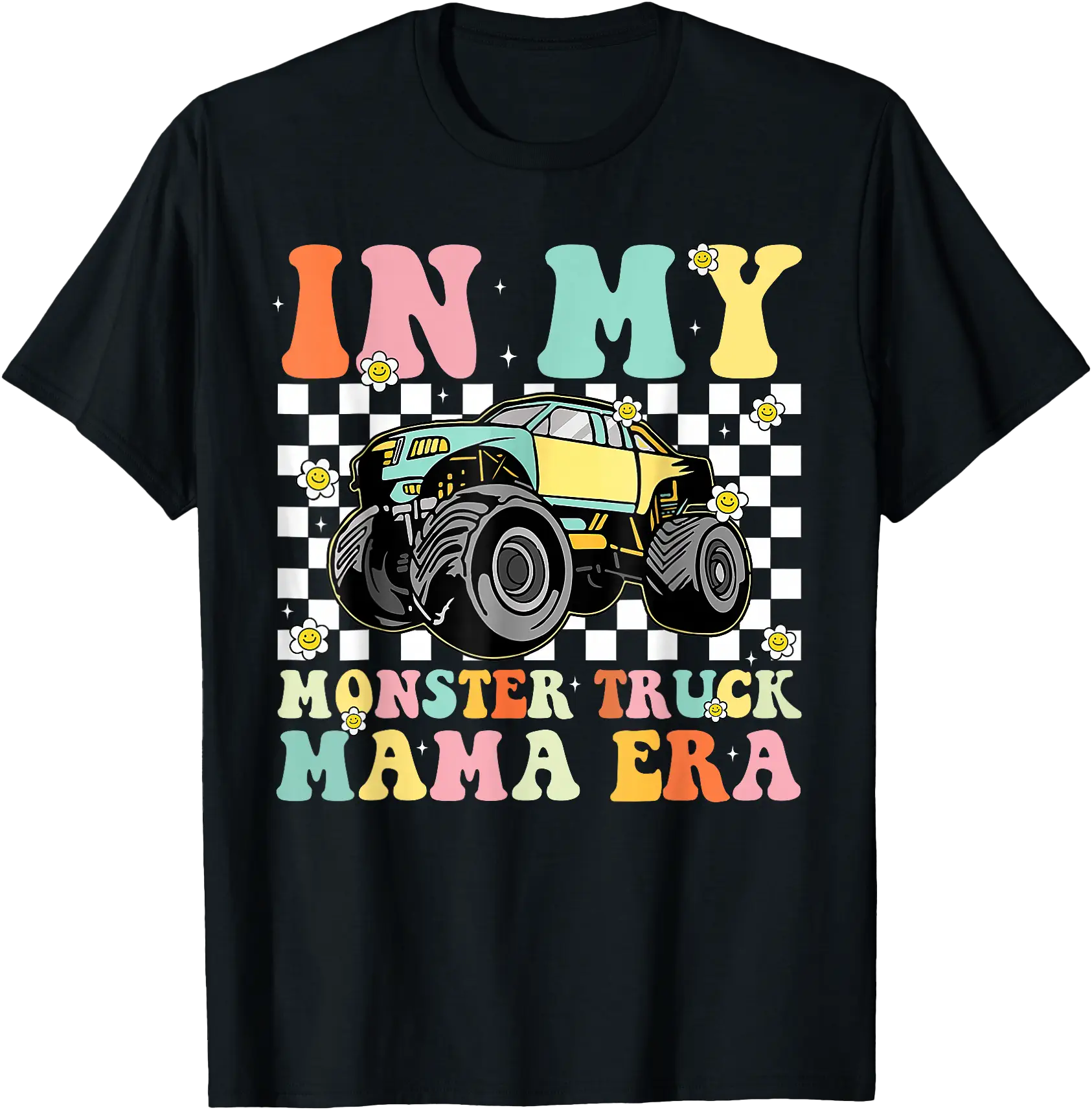 Fun Retro Monster Truck Mom Smiley Daisy Checkered T-Shirt Perfect for Everyday Style