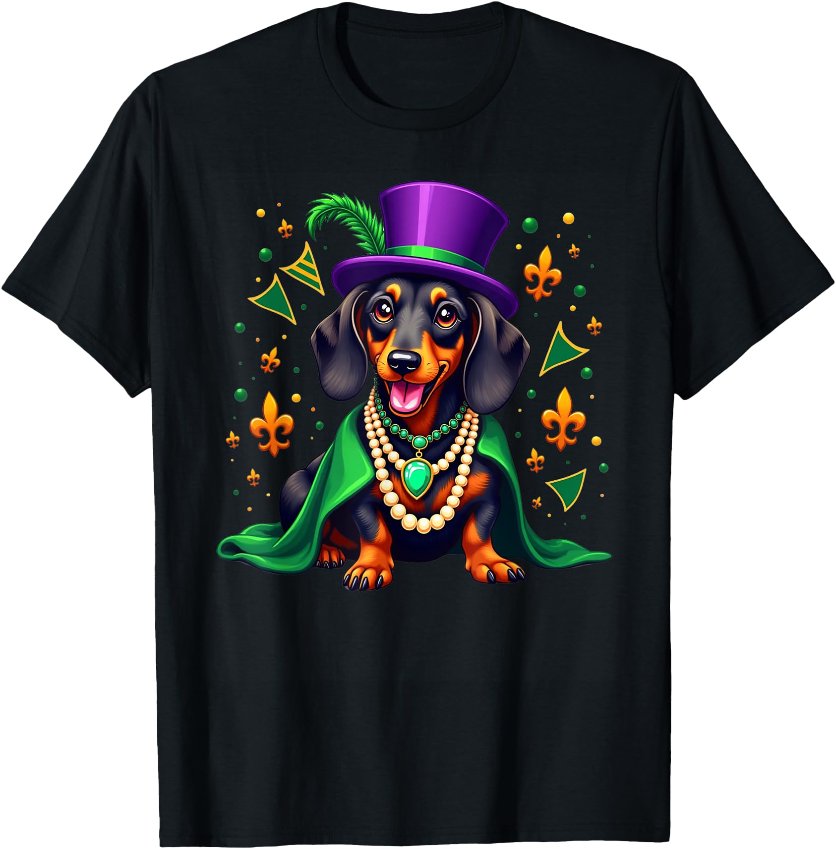 Cheerful Mardi Gras Dachshund Dog T-Shirt - Festival Celebration Wear