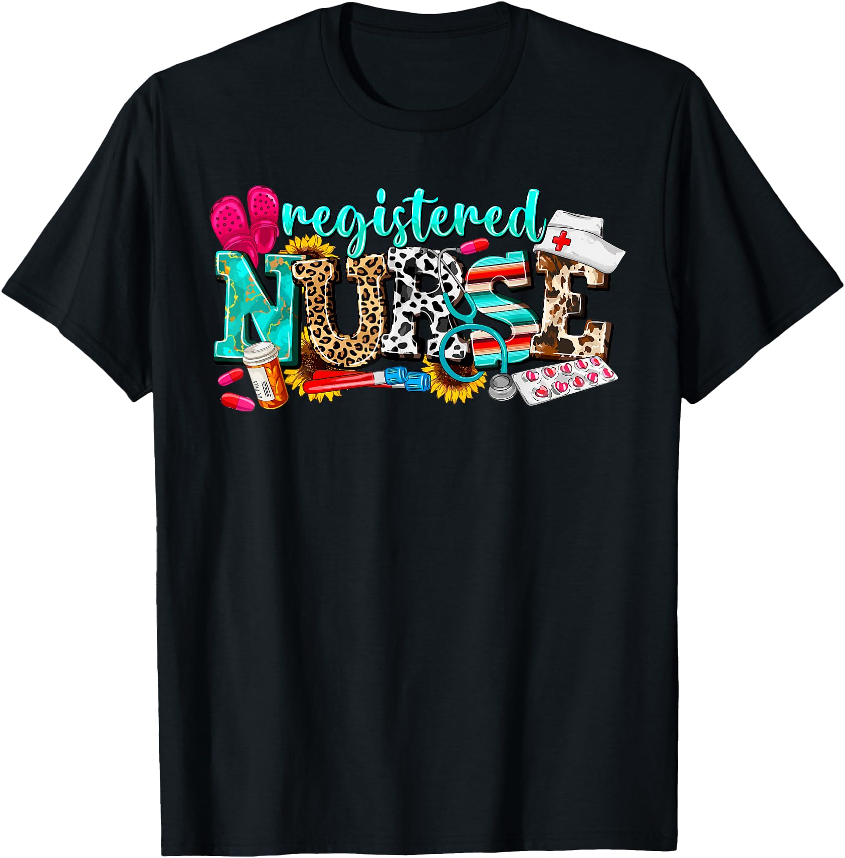 "Colorful RN Nurse Leopard Print Graphic T-Shirt with Bold 'Registered NURSE' Design"