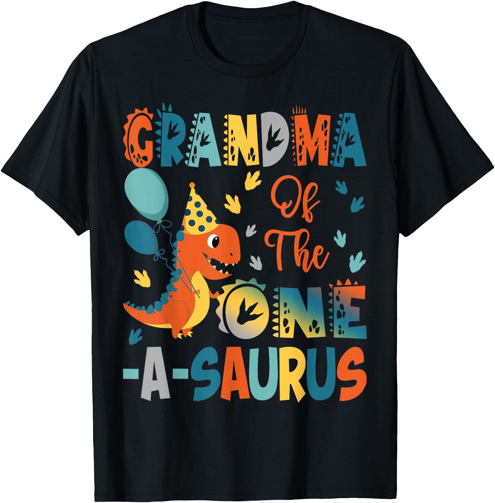 Grandma Of The One-A-Saurus Dinosaur Party T-Shirt with Colorful Leaves and Balloons