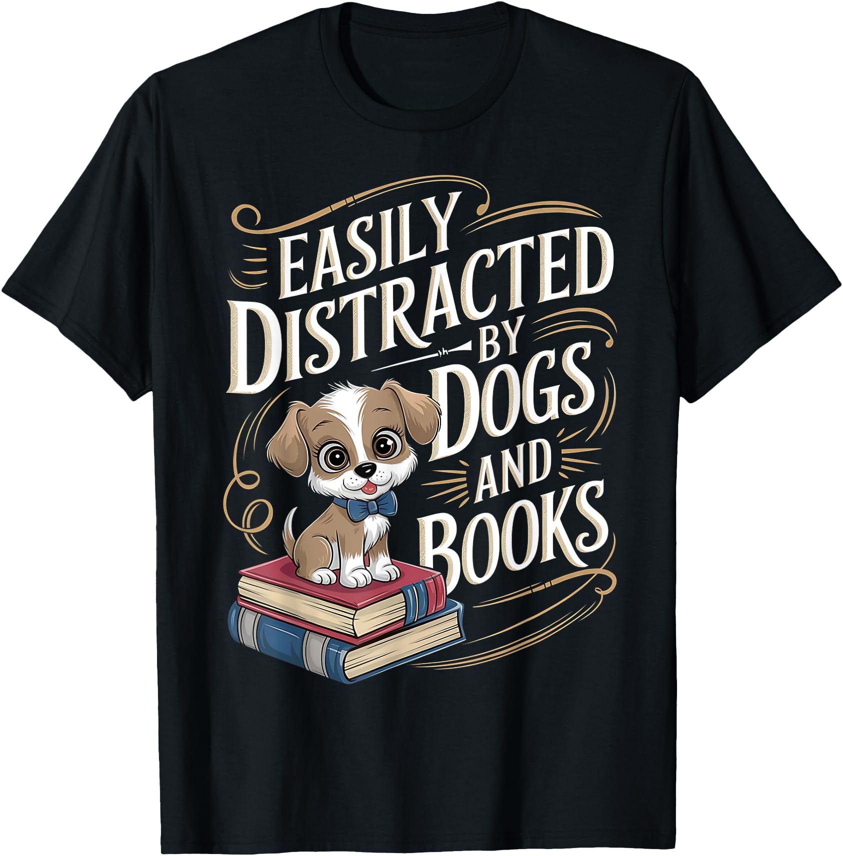 Funny Easily Distracted By Dogs And Books Cartoon Puppy T-Shirt for Animal Lovers
