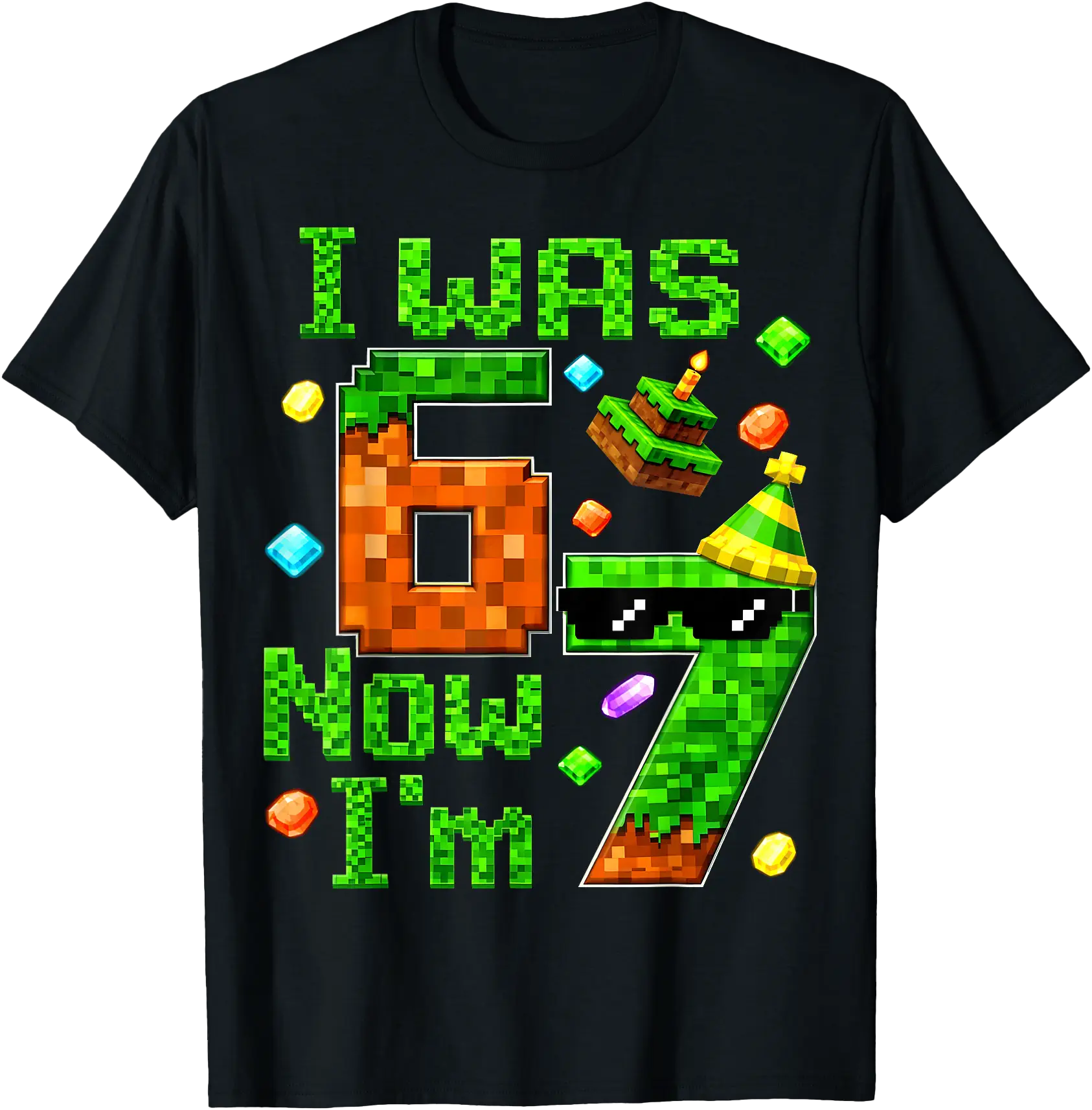 Colorful Pixel Gamer Birthday T-Shirt for Celebrating 7th Year with Fun Design