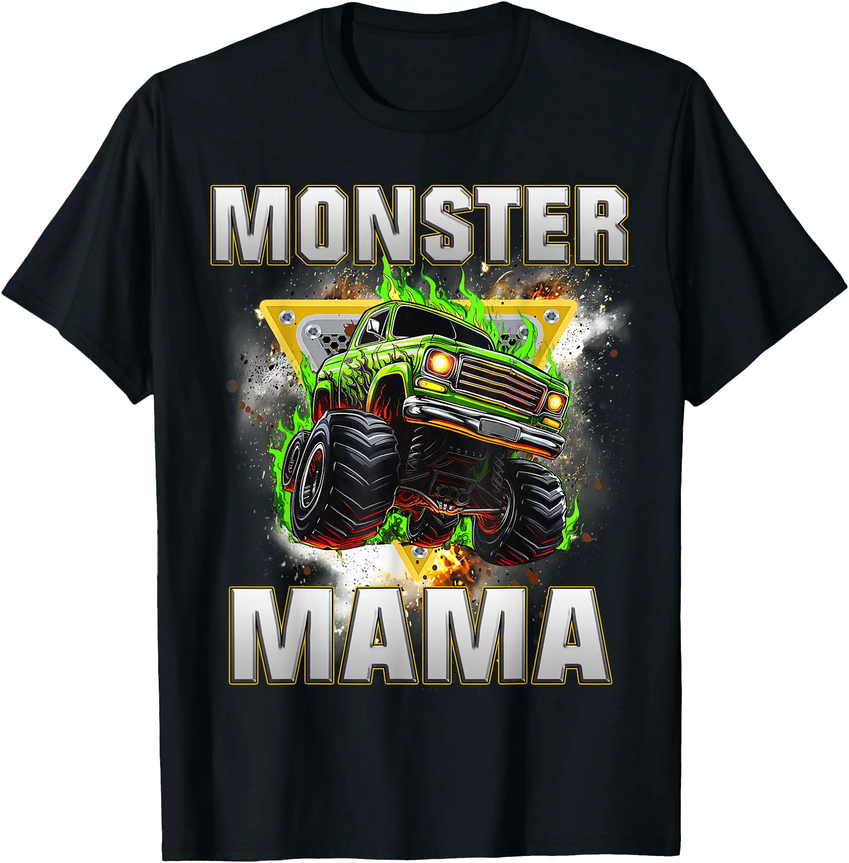 Fun Monster Truck Mama Green Flames Graphic T-Shirt Fan Apparel