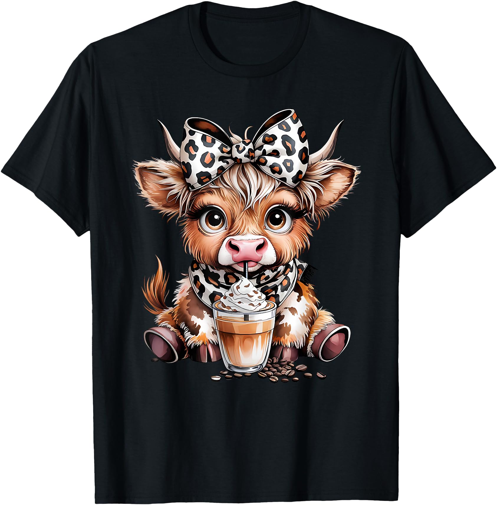 Cute Highland Cow Coffee Addict T-Shirt Funny Cowgirl Style Leopard Print Design