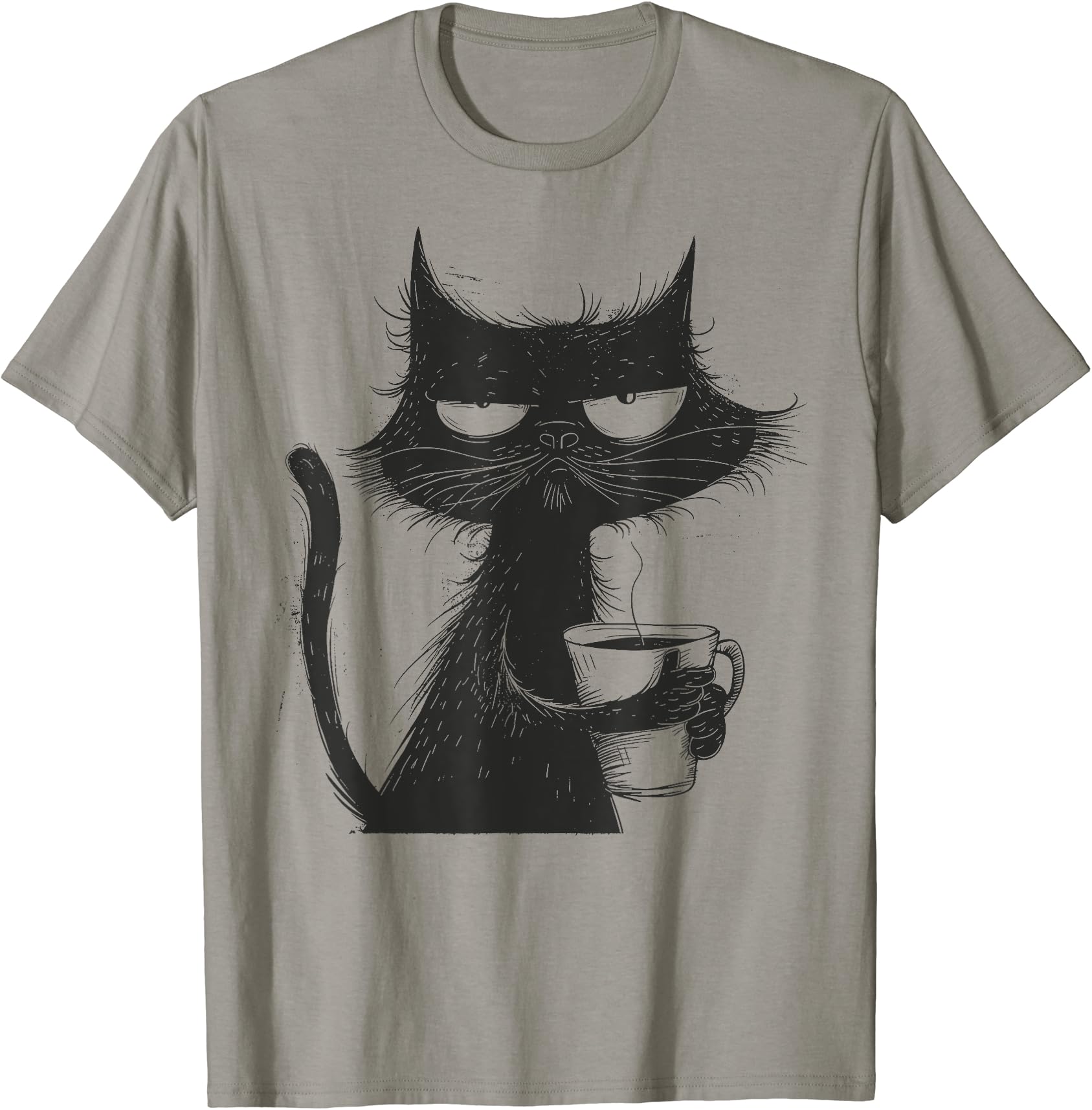 Funny Grumpy Cat with Coffee Mug Graphic T-Shirt - Express Your Mood