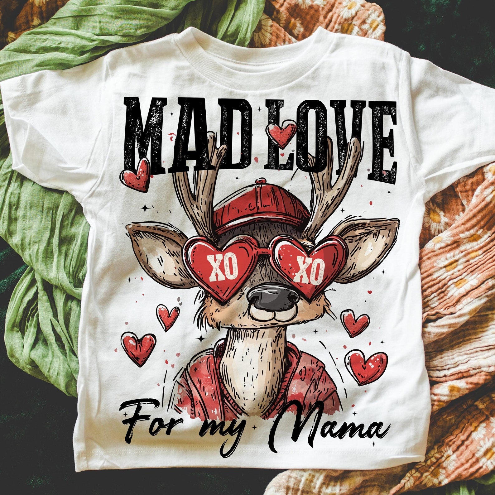 Heartfelt White Deer Graphic T-Shirt with Red Cap, Heart Sunglasses, "Mad Love For My Mama"