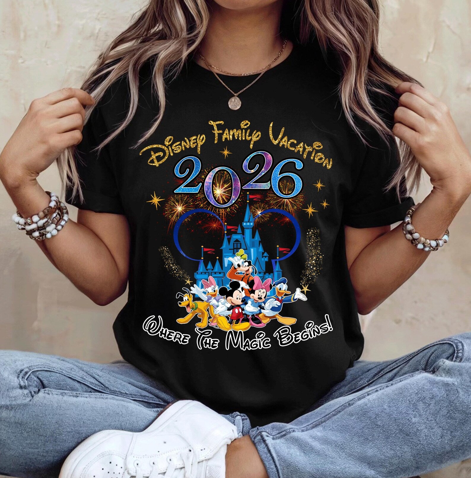 Comfort Colors Black Tee, Family Vacation 2026 Castle & Favorite Characters Celebration Shirt