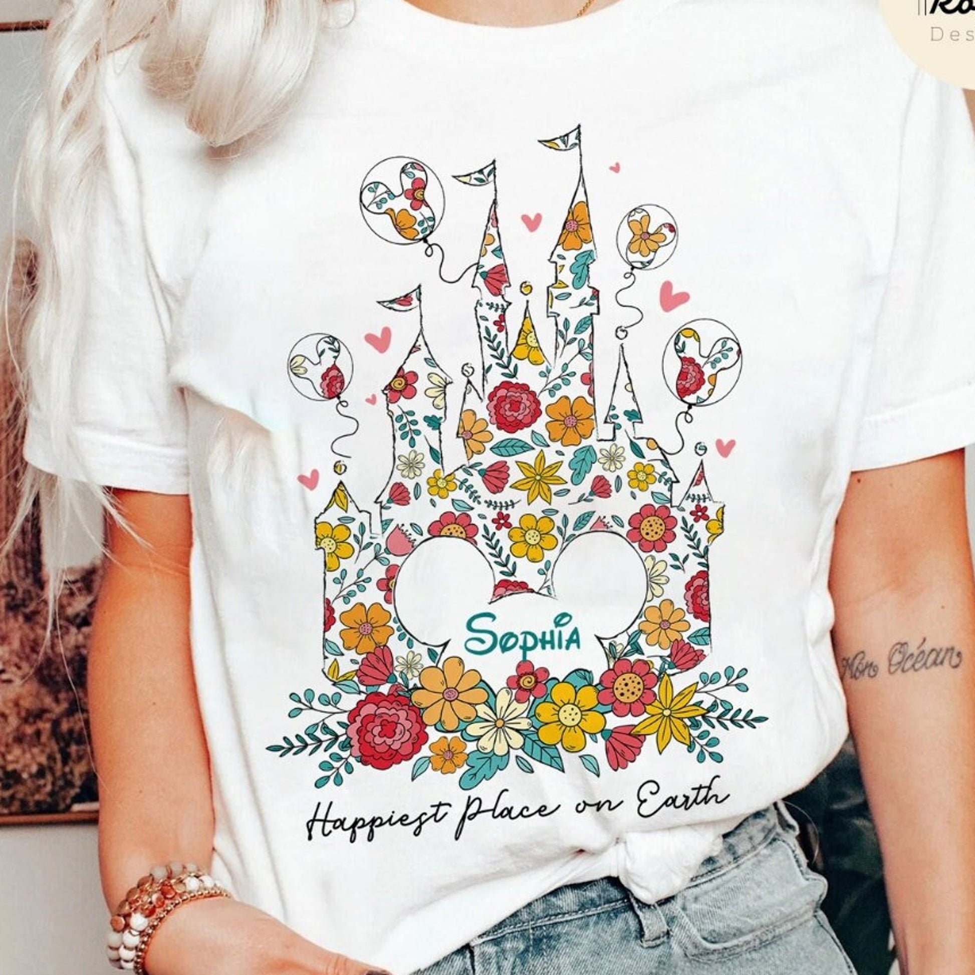 Personalized Floral Mickey Castle T-Shirt, Happiest Place On Earth, Family Trip to WDW Disneyland & Epcot Festival - 'Sophia' Design