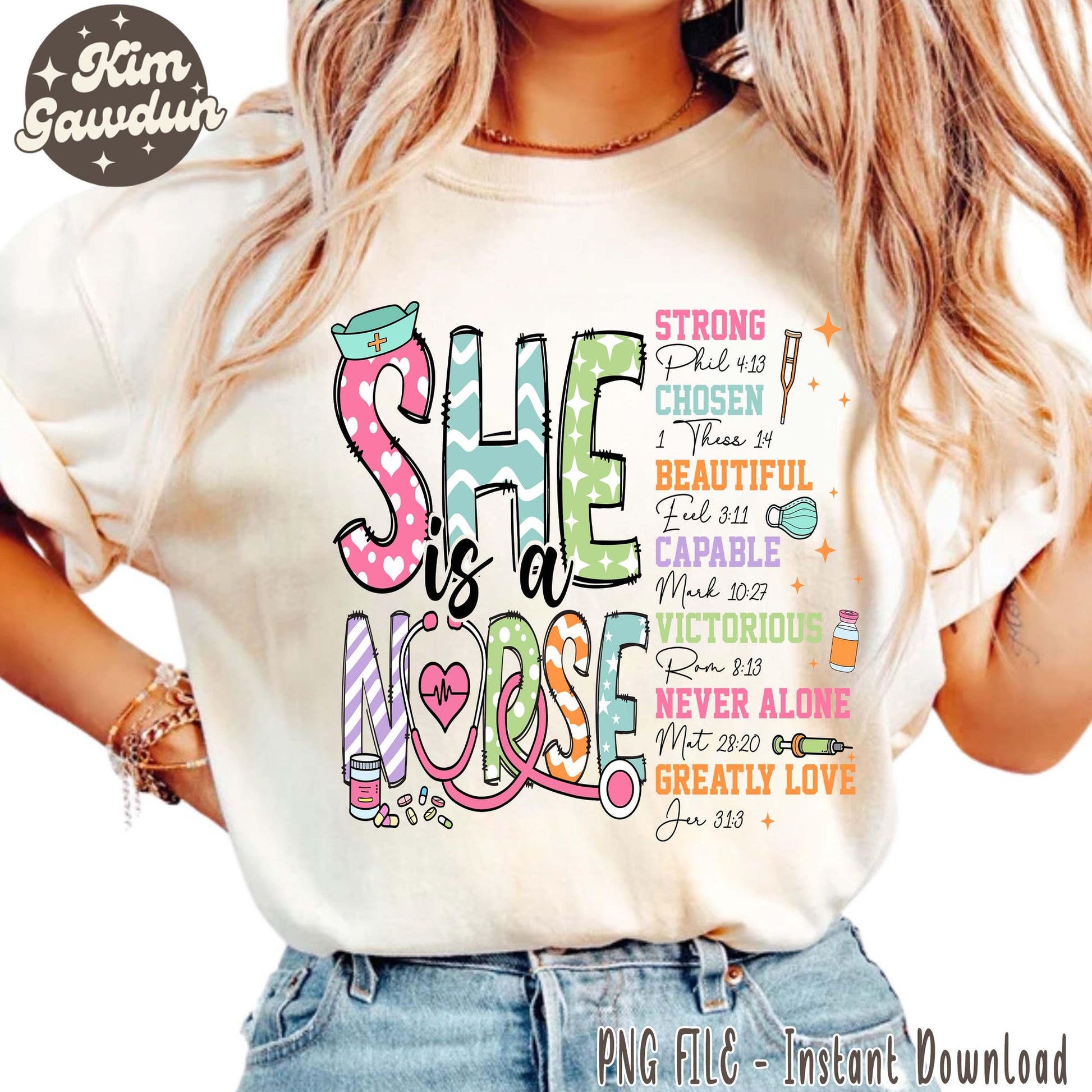 Inspirational "She is a Nurse" Graphic T-Shirt with Stethoscope & Bible Verses - Colorful Medical Design