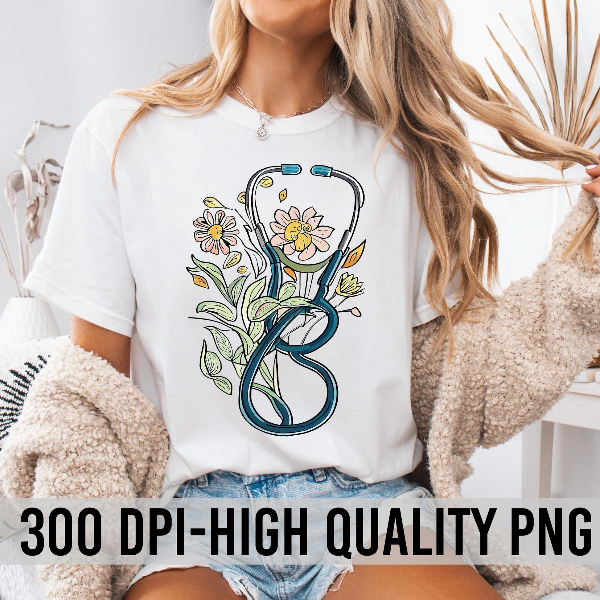 Comfort Colors Floral Nurse T-Shirt - Stethoscope & Flower Design for Medical Professionals