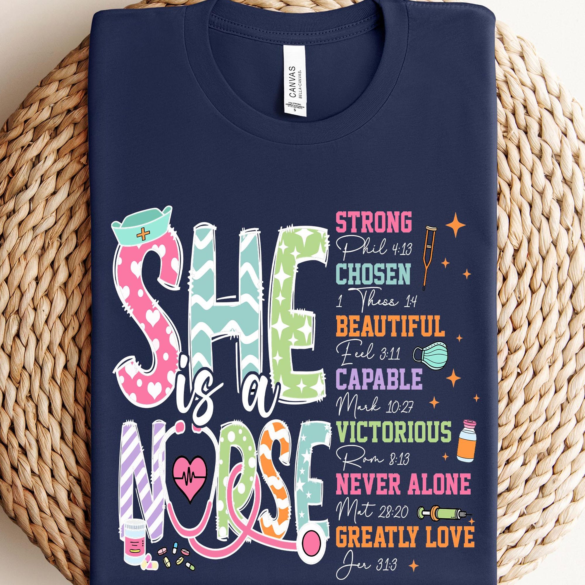 Navy Blue "She is a Nurse" Graphic T-Shirt with Inspirational Bible Verses and Medical Symbols