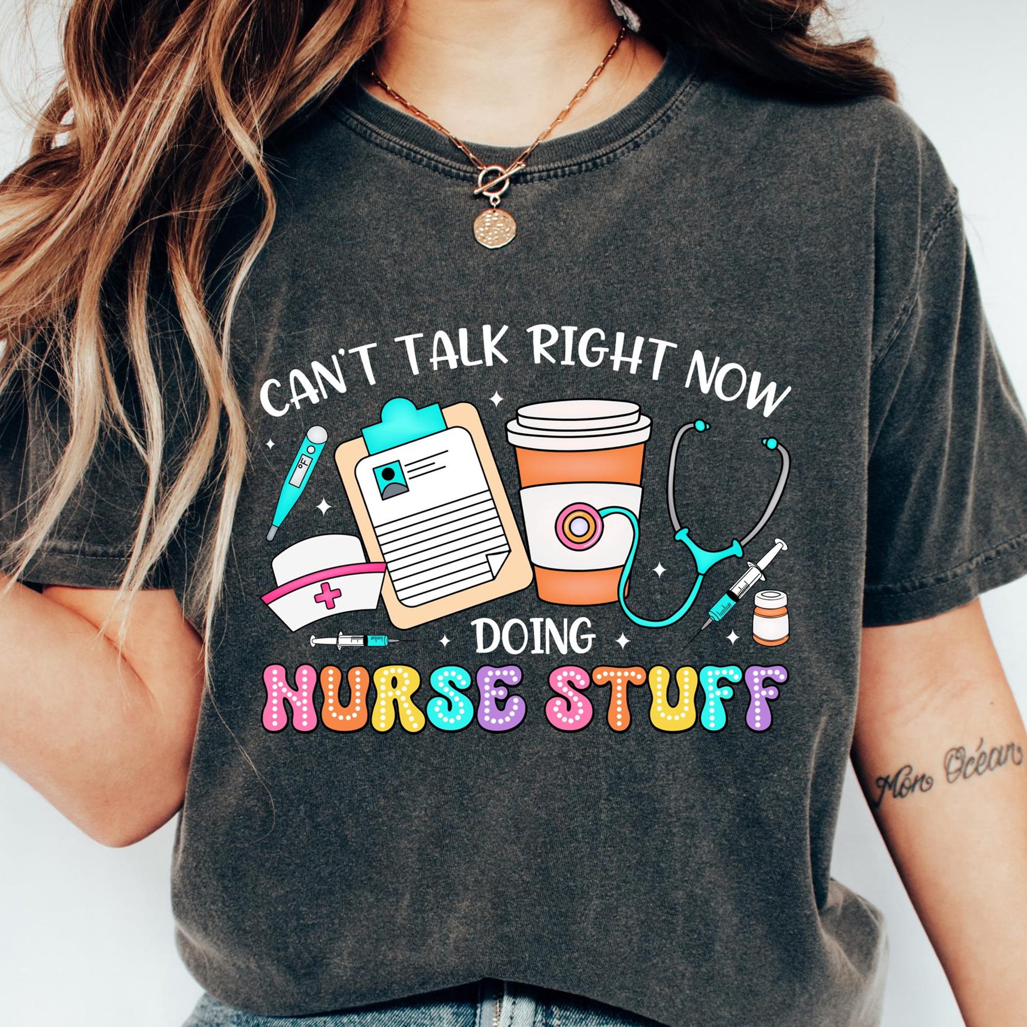 Funny Nurse T-Shirt: "Can't Talk Right Now" ER Nurse Gift - Comfort Colors with Colorful Nursing Illustrations