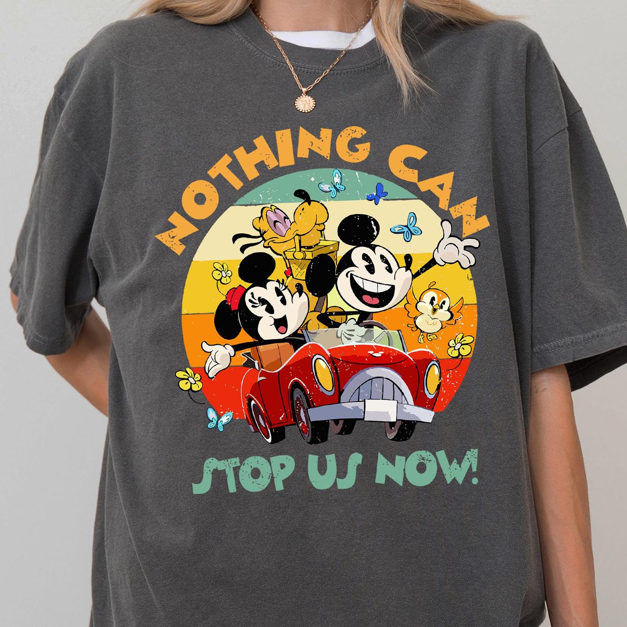 Comfort Colors Dark Gray T-Shirt with Mickey & Minnie Mouse in Red Car Graphic - "NOTHING CAN STOP US NOW!"