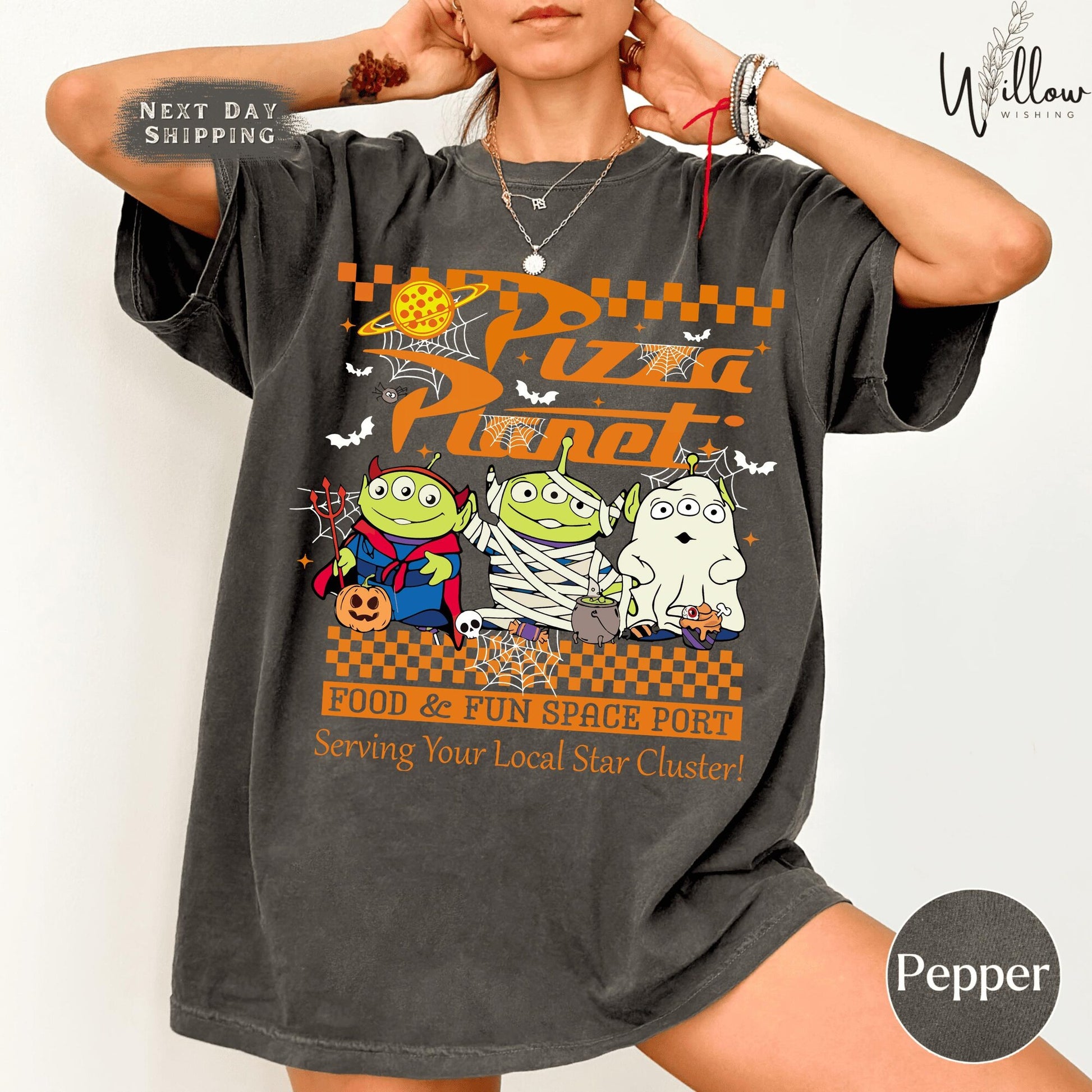 Pizza Planet Aliens Comfort Colors Shirt - Funny Galactic Pizza Lover Tee with Halloween Artwork