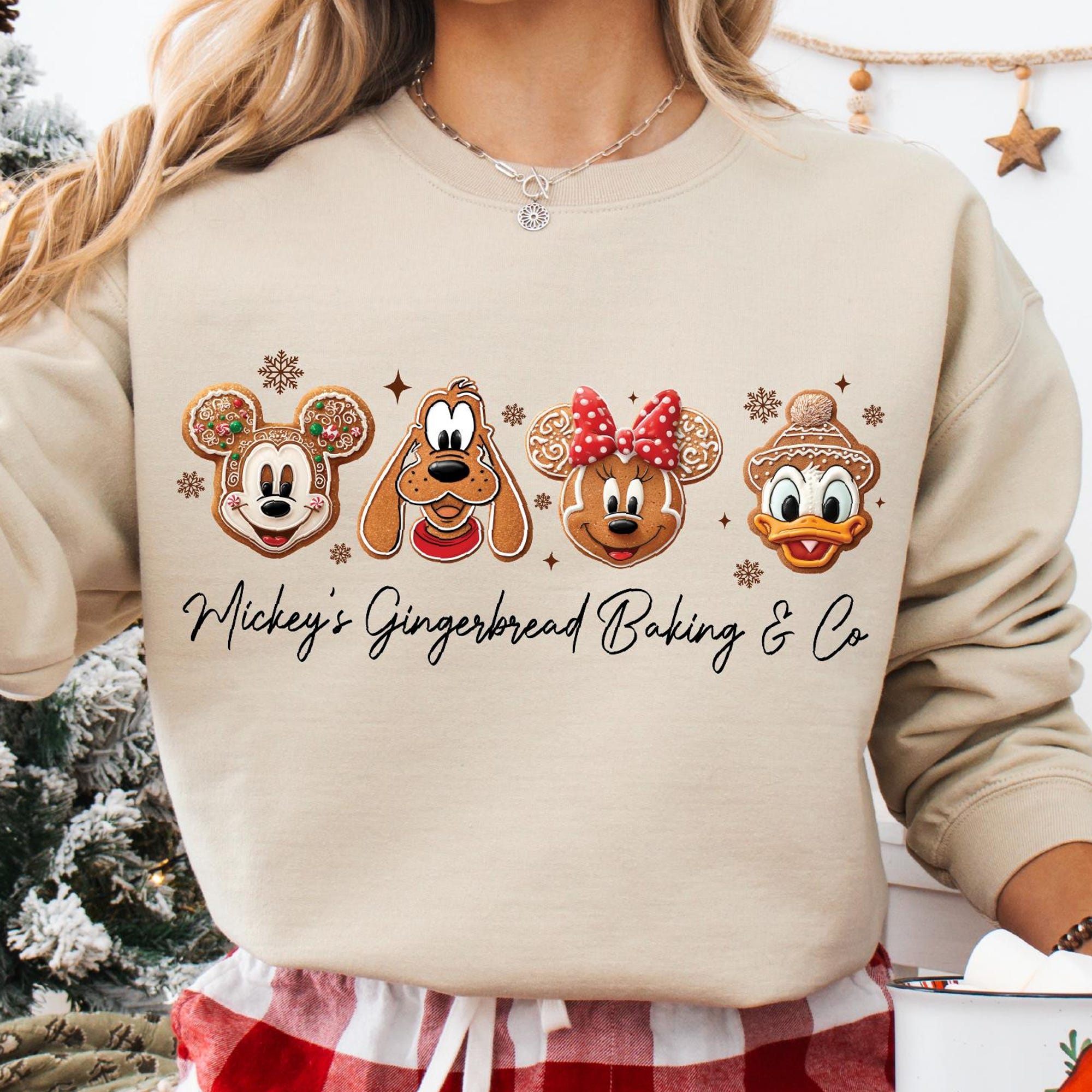 Beige Gingerbread Mickey Mouse Sweatshirt with Holiday Snowflakes & "Mickey's Gingerbread Baking & Co" Text